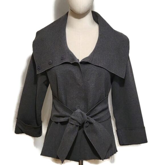 Luii Gray Cotton Blend Blazer Jacket Cowl Neck Tie Waist Chic Workwear Layer M - Picture 3 of 13